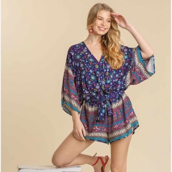 Boutique Pants - Umgee Mixed Print Surplice Waist tie Romper NWT